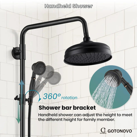 Exposed Wall Mount Shower Faucet Set With 8 Inch Rain Showerhead Brass Handheld Spray Double Cross Handles Oil Rubbed Bronze Finish 2 Function Diverter Top Notch Brass Construction featuring adjustable shower bar bracket.