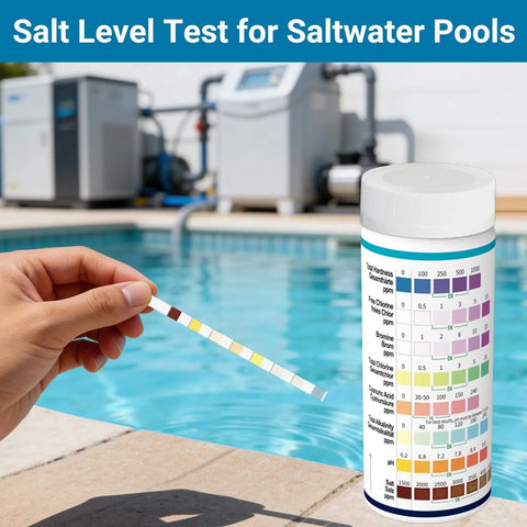 Hand holding test strip over pool near 8-In-1 Pool Test Strips Kit For Salt Water Pools And Hot Tubs, 150-Count, quick readings on chlorine, pH.