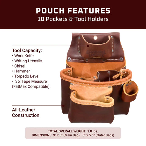 Pro Two Pouch Tool Bag With Tape Holder And 10 Pockets For Quick Access shown with leather construction and tool compatibility.