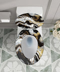 Elongated Toilet Seat for Bathroom with a black and gold marble design, fitting standard toilets, 14.5" x 18.5" size.