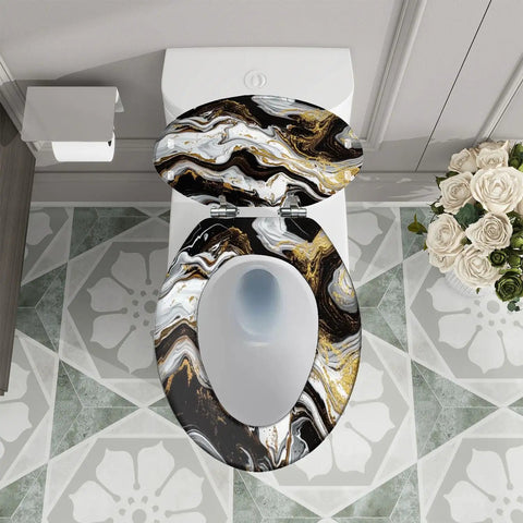 Elongated Toilet Seat for Bathroom with a black and gold marble design, fitting standard toilets, 14.5" x 18.5" size.