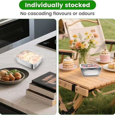Five Piece Stainless Steel Storage Containers Set With Clear Lids Stackable Kitchen Canisters used indoors and outdoors