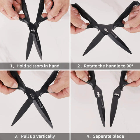 Heavy Duty Kitchen Scissors With Titanium Coated Blades Micro Serrated And Detachable Blades All Purpose Kitchen Shears For Food Prep Cuts Through Chicken Bones And Thick Veggies Like A Boss Built For Easy Power And Precision, 8-inch black, blade separation steps