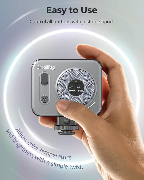Hand adjusting Vibe P96 Pro LED Video Light For Camera, On The Go Portable Cold Shoe Fill Light With 2500K-6500K CCT, CRI95+, LCD Screen.