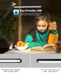 Girl reading under Metal Swing Arm Led Desk Lamp With Clamp Eye Caring Architect Desk Light Dimmable With 3 Color Modes