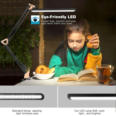 Girl reading under Metal Swing Arm Led Desk Lamp With Clamp Eye Caring Architect Desk Light Dimmable With 3 Color Modes