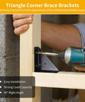 Using a power drill to install 20 Pack Corner Brace Brackets For Wood, Stainless Steel Triangle Shelf Brackets on wooden board