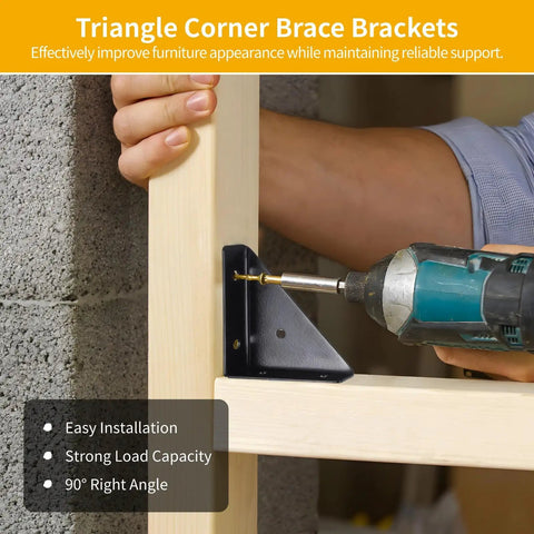 Using a power drill to install 20 Pack Corner Brace Brackets For Wood, Stainless Steel Triangle Shelf Brackets on wooden board