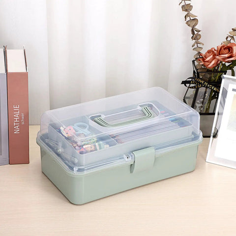 Clear 3 Layer Plastic Dividing Storage Box With Adjustable Spacers Portable Handle Craft Organizer in Haze Green on desk.
