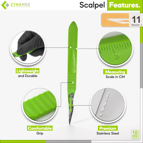 Disposable Scalpel Blades Pack Of 10 Sharp Tempered Stainless Steel With Plastic Handle Individually Wrapped Sterile No 11 For Dermaplaning Crafts And More Heavy Duty Easy Grip, green handle with 6 cm ruler