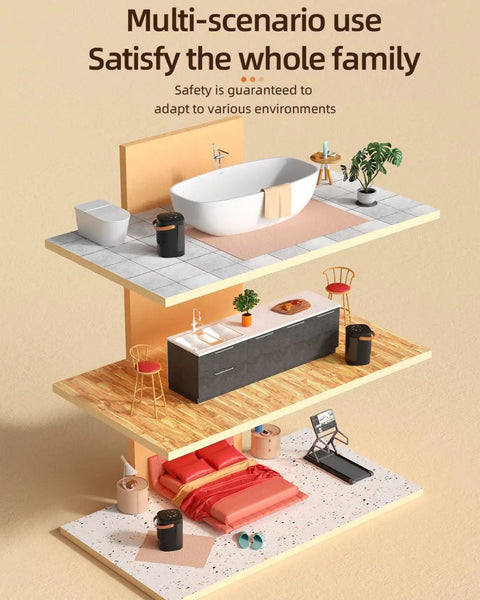 Illustration of Portable Indoor Space Heater 1500W in a multi-level home showing use in various rooms.