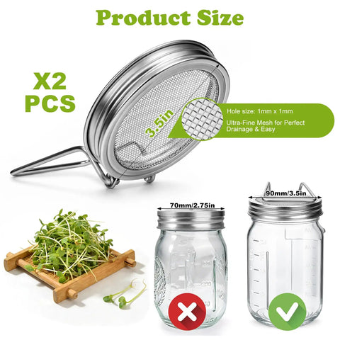 Two In One Sprouting Jar Lid for Wide Mouth Mason Jars Reusable Stainless Steel Screen Sprout Kit for Alfalfa Broccoli Mung Bean and Other Bean Sprouts Germination Accessory Fits 3.74 Inch Jars 2 Pack