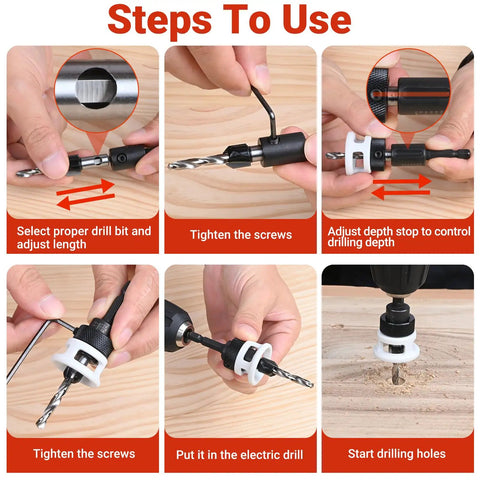 Steps to use Five Piece Countersink Drill Bit Kit With HSS Tapered Bits, Hex Shank, Two Depth Stops for woodworking projects.