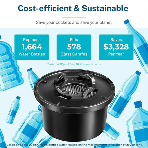 Remineralization Filter For RO Systems Alkaline Water Pitcher Filter with savings and environmental impact infographic
