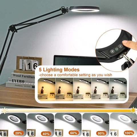 Real Glass 5 Inch Magnifying Glass With LED Light And Stand, showing five color modes and stepless dimmable settings on desk.