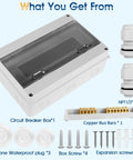 Beefy Waterproof Distribution Protection Box For Indoor Outdoor Wall Circuit Breakers, Rugged ABS Plastic Enclosure With Clear Cover, IP65 Weatherproof Electrical Box For 15 Way HT 15WAY Systems. White ABS box with clear cover and included fittings