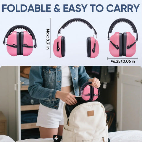 Soft Pink Hearing Protection Ear Muffs For Adults With 26 dB NRR Adjustable Safety Earmuffs For Construction And Travel shown folded
