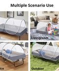 Large Pop Up Bed Mosquito Net Canopy For Bed Camping And Travel Portable Tent with gray carry bag in various settings.