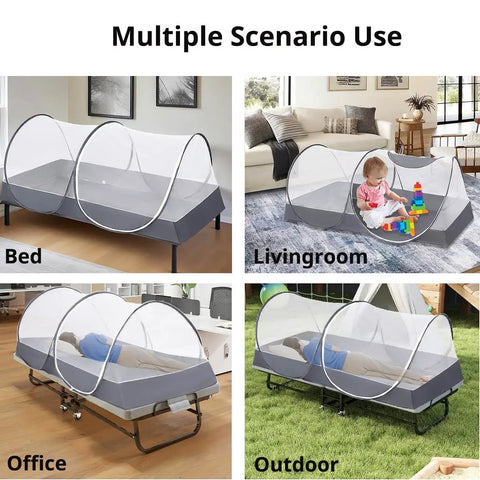 Large Pop Up Bed Mosquito Net Canopy For Bed Camping And Travel Portable Tent with gray carry bag in various settings.