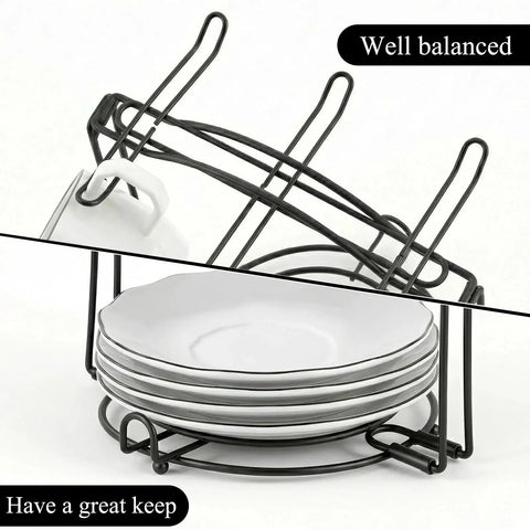 Tea Cup Holder For Countertop And Display Stand Foldable Metal Rack with saucers and a cup organized on the rustproof iron frame.
