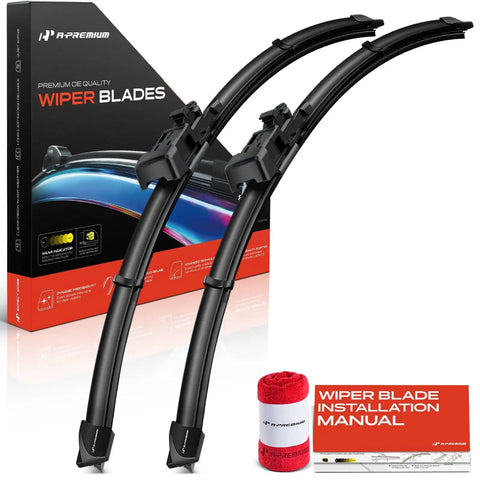 Heavy Duty 24 And 21 Inch Windshield Wiper Blades With Slick All Season Beam Design and Built In Wear Indicator, two wiper blades with packaging.