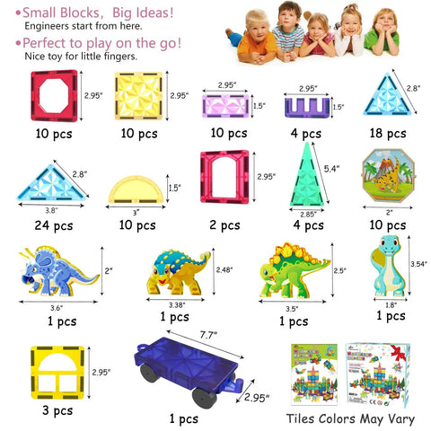 Magnetic Tiles Building Blocks Set For Kids 110 Pieces STEM Construction Toy With Dinosaur Figures layout showing all items included.
