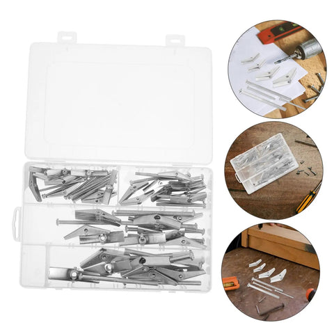 Heavy Duty Toggle Bolt Kit 32 Pcs With Metal Drywall Anchors And Butterfly Expansion Screws For Secure Fastening And Easy Installation Built To Handle Mirrors, Shelves, And Heavy Furniture. silver toggle bolts in storage case with drywall installation examples