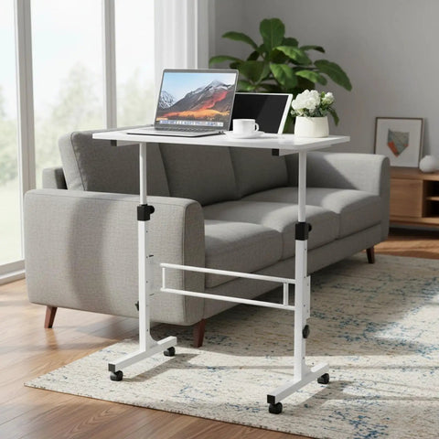 Rolling Ergonomic Standing Desk With Smooth Wheels Adjustable Height Desktop Laptop Workstation Level Up Your Remote Grind Straight Up in a living room.