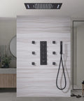 Top Shelf Heavy Duty Stainless Steel Shower Panel Fifteen X Twenty Three Inches With Built In Bluetooth Speakers Smart Thermostatic Valve Four Way Rainfall Waterfall And Body Jets Remote Color Changing Antique Brass in modern bathroom design.
