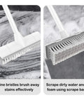 Floor Scrub Brush With Long Handle Two In One Scrape And Brush Stiff Bristles For Grimy Floors Cleaning Bathroom Kitchen Patio Garage Deck Tile Extendable Handle 33 To 50 Inches shown with bristles and scrape bar.
