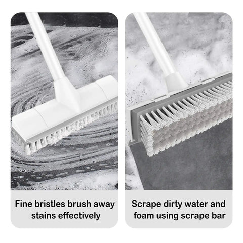 Floor Scrub Brush With Long Handle Two In One Scrape And Brush Stiff Bristles For Grimy Floors Cleaning Bathroom Kitchen Patio Garage Deck Tile Extendable Handle 33 To 50 Inches shown with bristles and scrape bar.