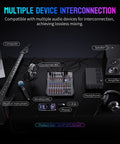 Six Channel DJ Mixer With Bluetooth Streaming And USB Interface, connected with musical instruments, mics, headphones, and speakers.
