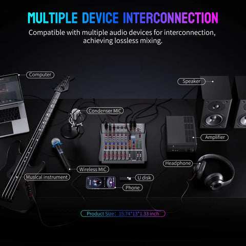 Six Channel DJ Mixer With Bluetooth Streaming And USB Interface, connected with musical instruments, mics, headphones, and speakers.