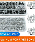 Do-It-All Rivet Kit For Sheet Metal And Marine Furniture Projects 1/8, 5/32, 3/16 Inch Blind Pop Rivets Aluminum Quick-Set Fasteners Built To Last With A Tight, Vibration-Resistant Hold For Boat, Auto, And DIY Repairs. aluminum pop rivet box set with 1/8, 5/32, 3/16 sizes