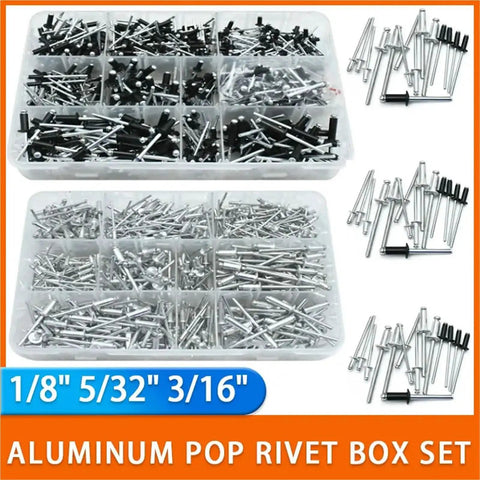Do-It-All Rivet Kit For Sheet Metal And Marine Furniture Projects 1/8, 5/32, 3/16 Inch Blind Pop Rivets Aluminum Quick-Set Fasteners Built To Last With A Tight, Vibration-Resistant Hold For Boat, Auto, And DIY Repairs. aluminum pop rivet box set with 1/8, 5/32, 3/16 sizes