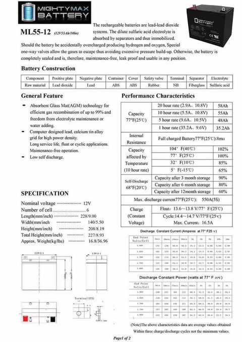 Ready To Roll 12V 55Ah Deep Cycle Battery Group 22NF Sealed Lead Acid Marine Pack for pontoon boats specifications sheet.