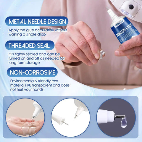3.4 Oz Jewelry Glue For Metal And Stone With Precise Pointed Tip Quick Dry Transparent Adhesive held by hand close-up