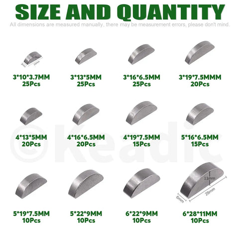 205 Piece Woodruff Key Set With 12 Sizes Half Moon Semicircle Keys Carbon Steel Crank Shaft Keyway Pulley Hardware displayed