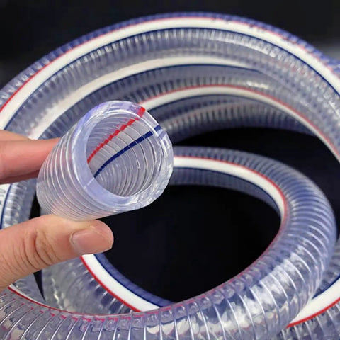 Close-up of Heavy Duty Steel Wire Reinforced Vacuum Suction Hose One Inch ID By One And A Half Inch OD Flexible UV Resistant Vinyl Tube