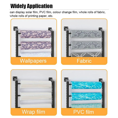 Beefy Wall Mounted Vinyl Storage Rack For Three Rollers Textile Samples And Transfer Paper Organizer showcasing diverse materials.