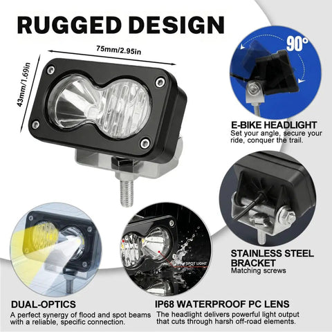 Off Road Ebike Headlight For 3 Pin Julet Systems IP68 Waterproof Front Lamp shown with rugged design and measurements
