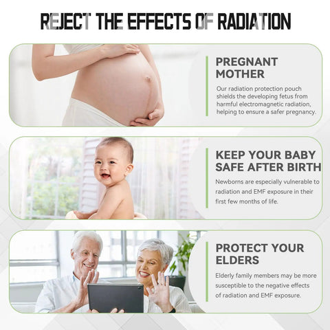 Pregnant woman, baby, and elderly couple in an image about radiation protection benefits.