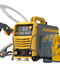 60 Amp Plasma Cutter With Non High Frequency Pilot Arc For Pro Grade Real Smooth Cuts Up To Three Quarters Inch Digital Display DC Inverter Dual Voltage 110 Or 220 Volts, showing plasma torch, digital display, and gloves.