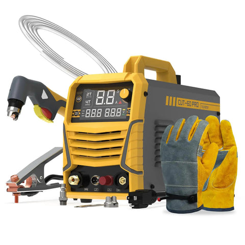 60 Amp Plasma Cutter With Non High Frequency Pilot Arc For Pro Grade Real Smooth Cuts Up To Three Quarters Inch Digital Display DC Inverter Dual Voltage 110 Or 220 Volts, showing plasma torch, digital display, and gloves.
