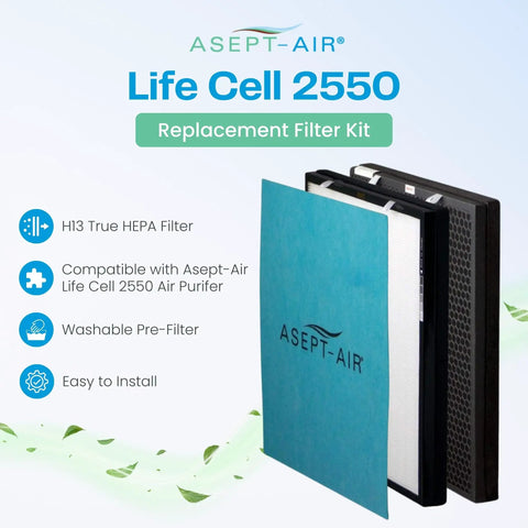 Asept-Air Life Cell 2550 Replacement Filter Kit with washable pre-filter and true HEPA filter displayed on a blue background.