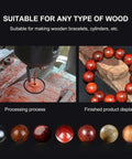 Bracelet Maker Drill Bit Set For Woodworking And Bead Jewelry, milling wood, and finished wooden bead bracelet display.