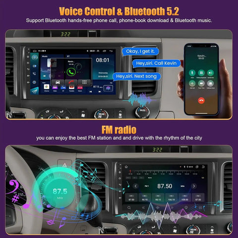 Toyota Sienna 2011 2014 Car Radio With Android 13, 4GB RAM 64GB ROM showing Bluetooth and voice control interface in car dashboard.