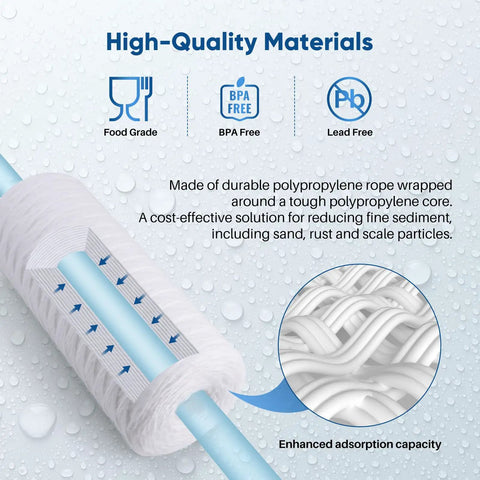 5 Micron Whole House String Wound Sediment Filter 10 X 4.5 Inch For Well Water Replacement Cartridge Reduces Up To 99 Percent Sediment Sand Rust And Color 2 Pack showing high-quality polypropylene material and enhanced adsorption details.