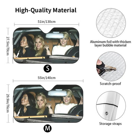 Funny Windshield Sun Shade For Cars Keeps Your Ride Cool Blocks UV Rays Waterproof Polyester With Bubble Aluminum Film For Car Interior Protection Easy To Install 51 By 27.5 Inches showing size options and material details