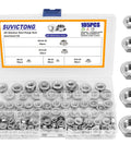 Built Tough 105 Piece Serrated Flange Hex Lock Nut Assortment Kit In Rust Resistant 304 Stainless Steel With Five Handy Sizes in a clear organizer.